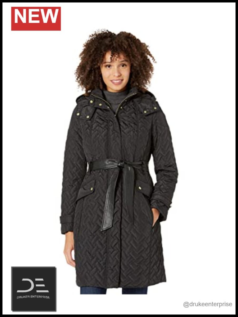 Faux Leather Belted Quilted Signature Coat Long Sleeve Women's